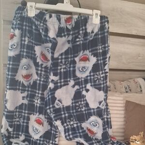 Men's Cozy Blue Plaid Pajama Pants with Monster Design